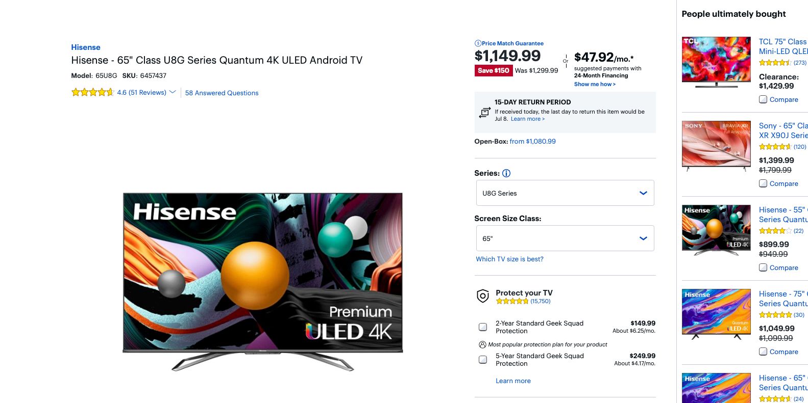 Hisense U8G 65-inch TV Best Buy listing