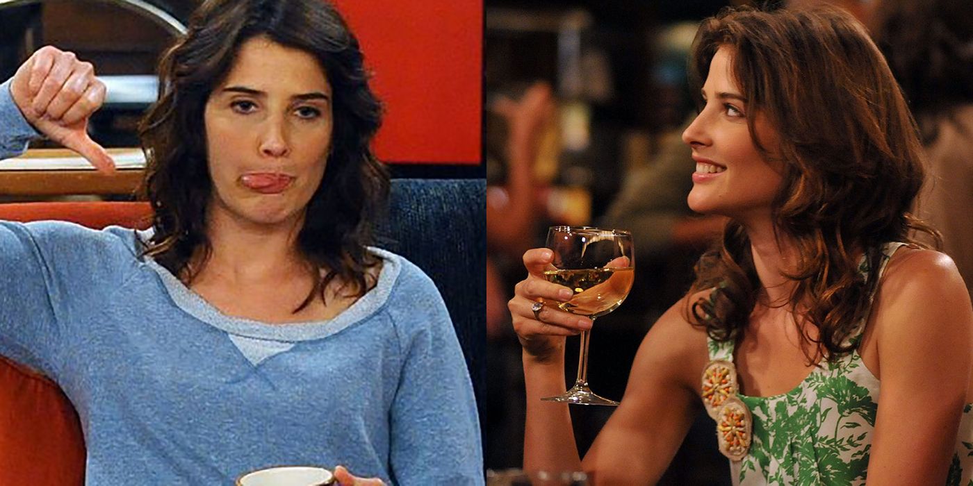 A split image of Robin sitting on Ted's couch and her having a drink at McLaren's in How I Met Your Mother