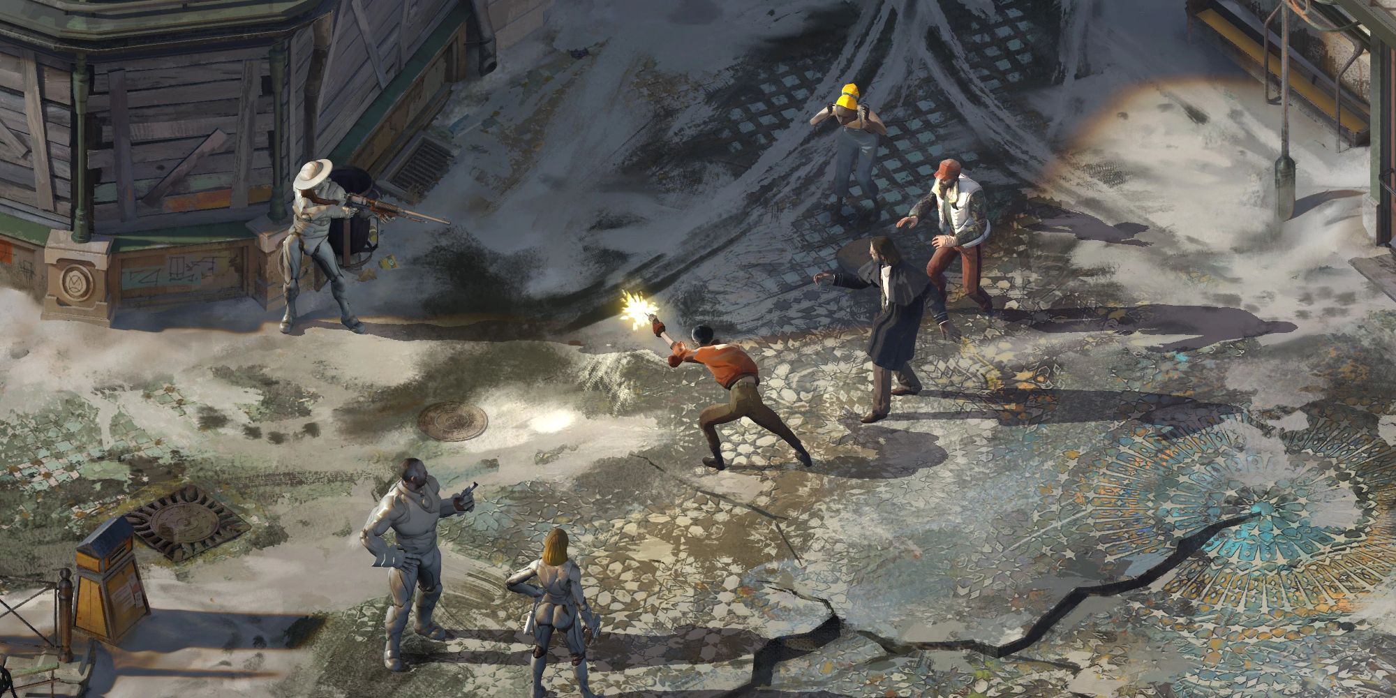 An image from Disco Elysium showing two characters having a gunfight