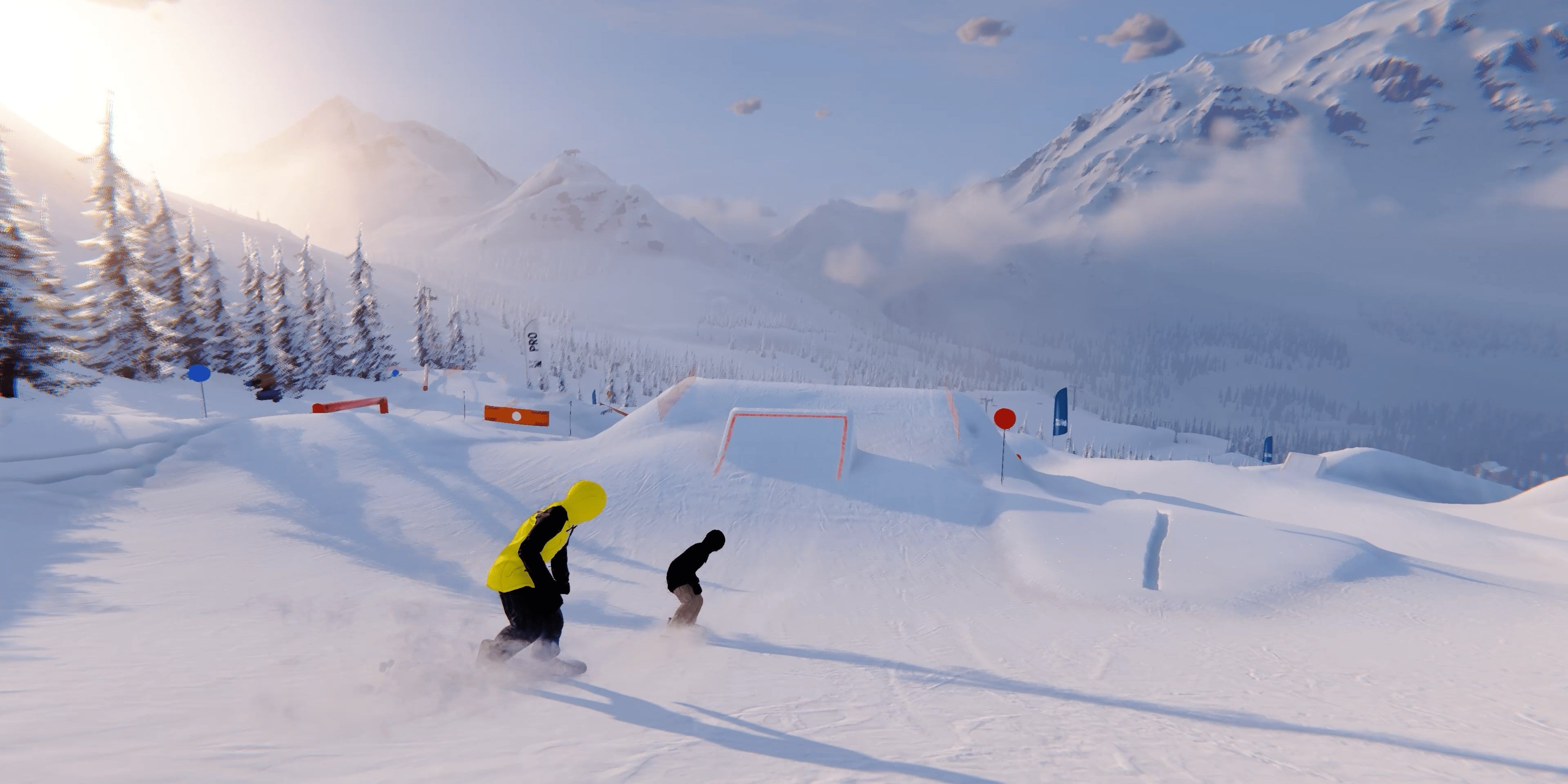 image from the game Shredders showing people snowboarding in a snowy area
