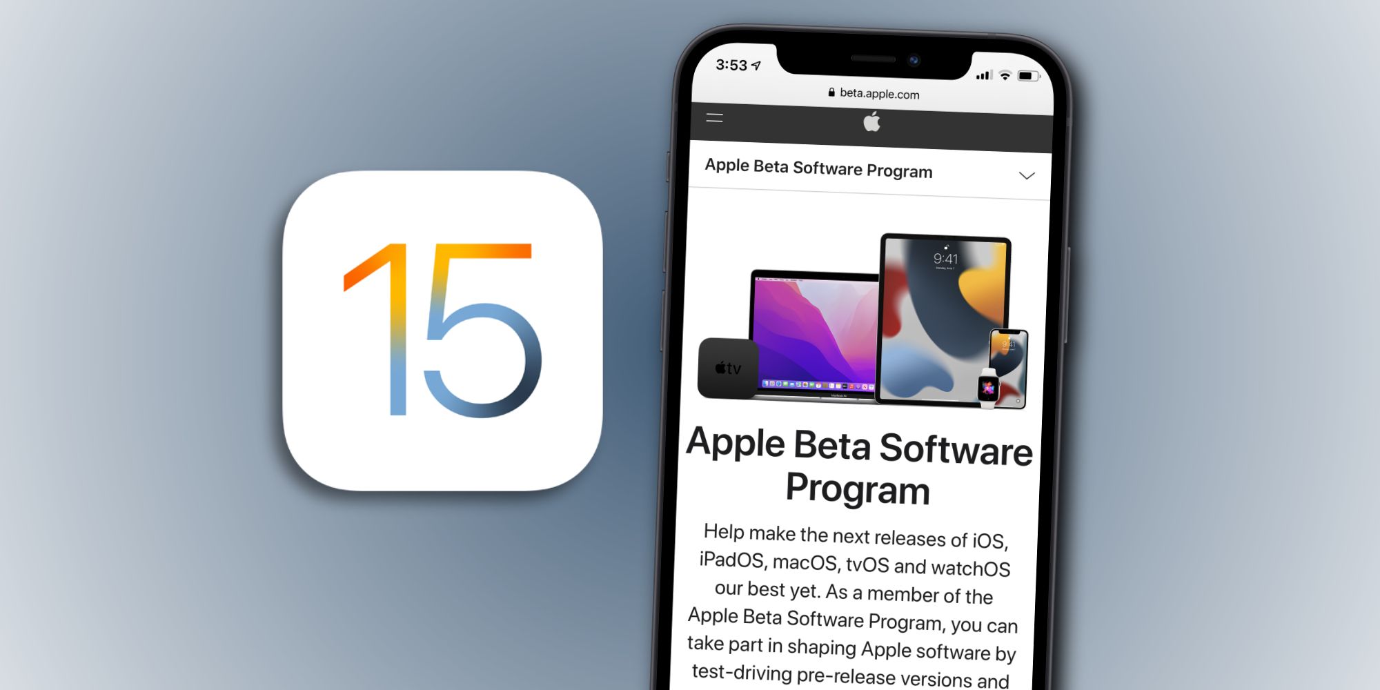 iOS 15 logo next to an iPhone on the Apple Beta Program website