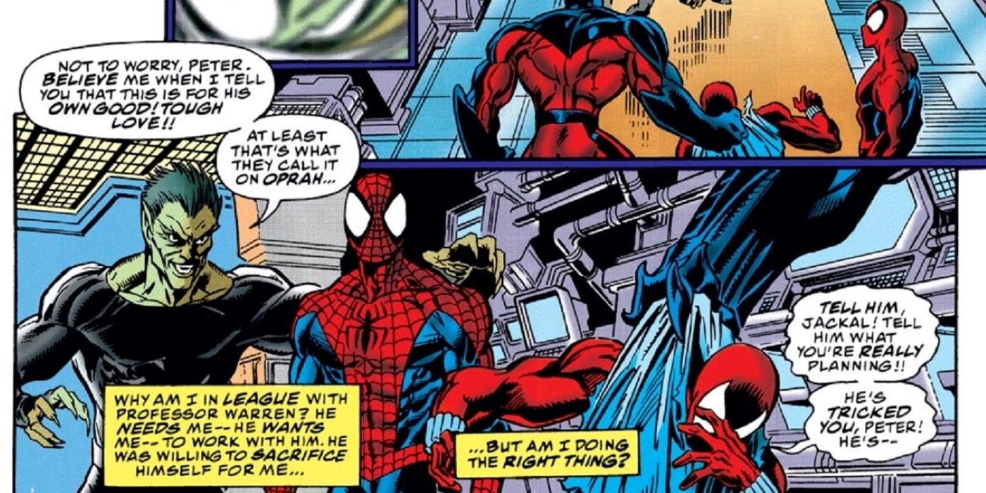 A comic panel with Jackal tricking Spider-Man with Ben Reilly subdued in Marvel Comics.