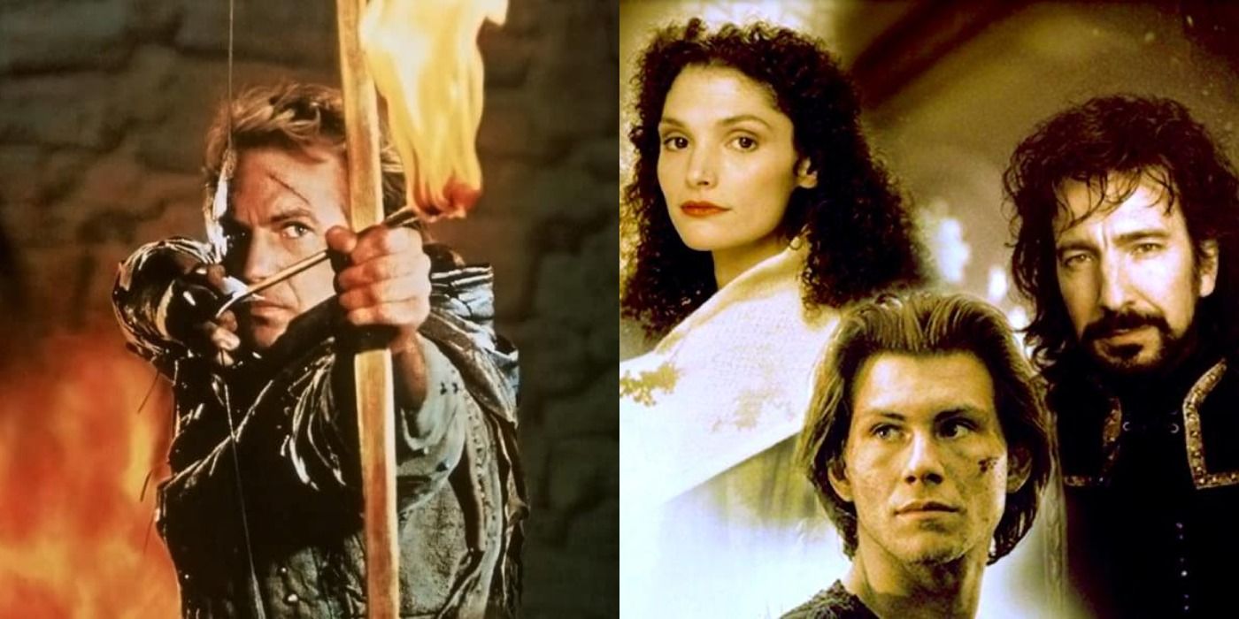 Kevin Costner taking aim of a fiery arrow as Robin Hood with Mary Elizabeth Mastrantonio as Maid Marian, Christian Slater as Will Scarlet, and Alan Rickman as the Sheriff of Nottingham in Robin Hood: Prince of Thieves