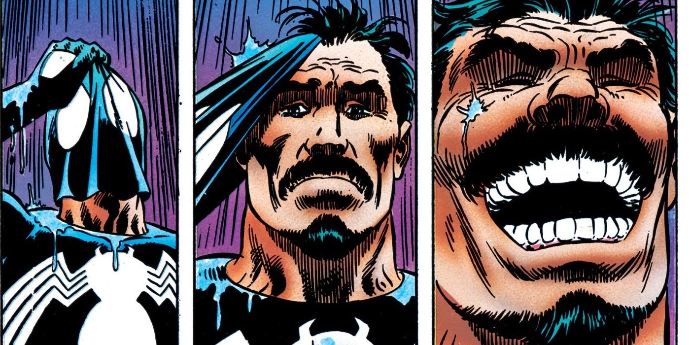 Kraven taking Spider-Man's mask off his face, laughing.