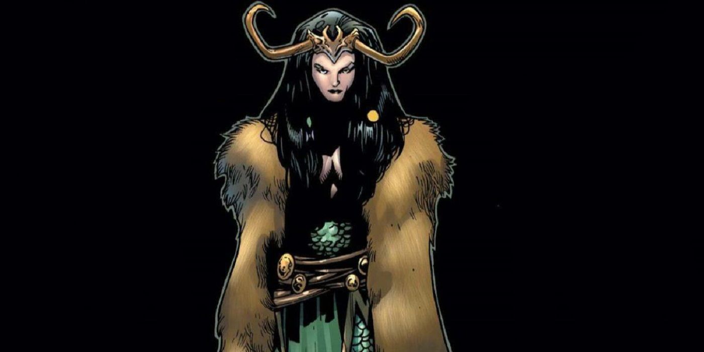 Lady Loki standing in front of a black background