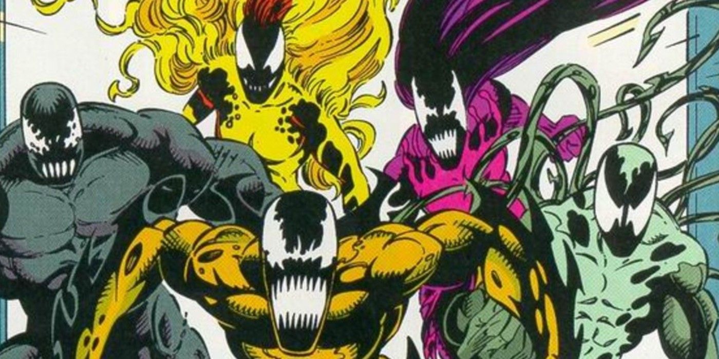 Five different symbiotes from Marvel comics run toward the viewer's perspective in a comic book panel