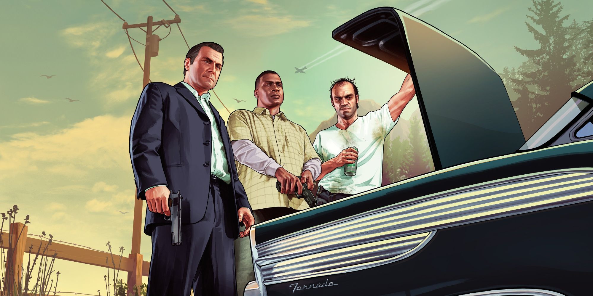 Franklin Trevor and Michael stand in front of car GTA5