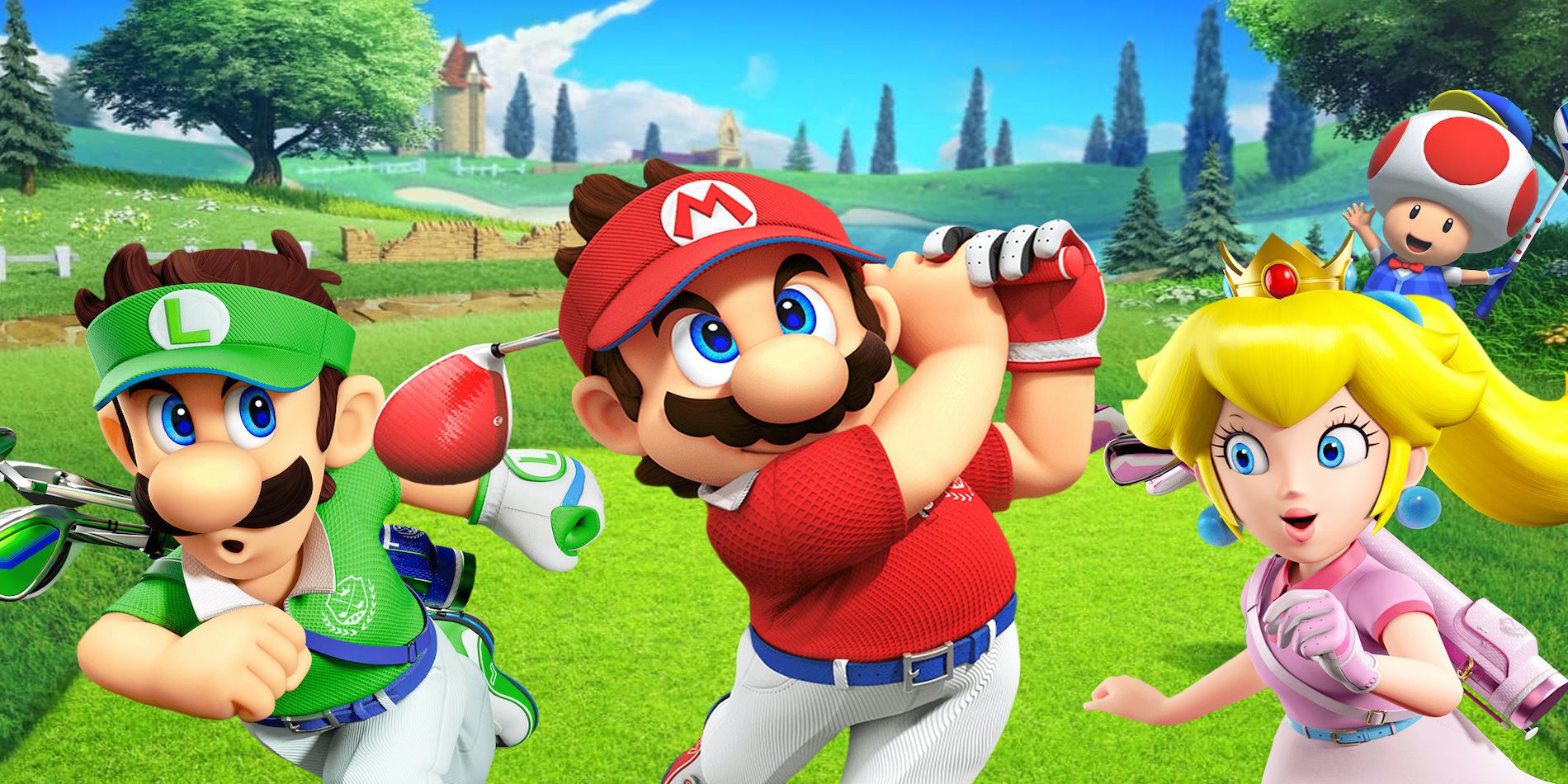 Mario, Luigi, Toad, And Peach wielding golf clubs in a grassy golf field