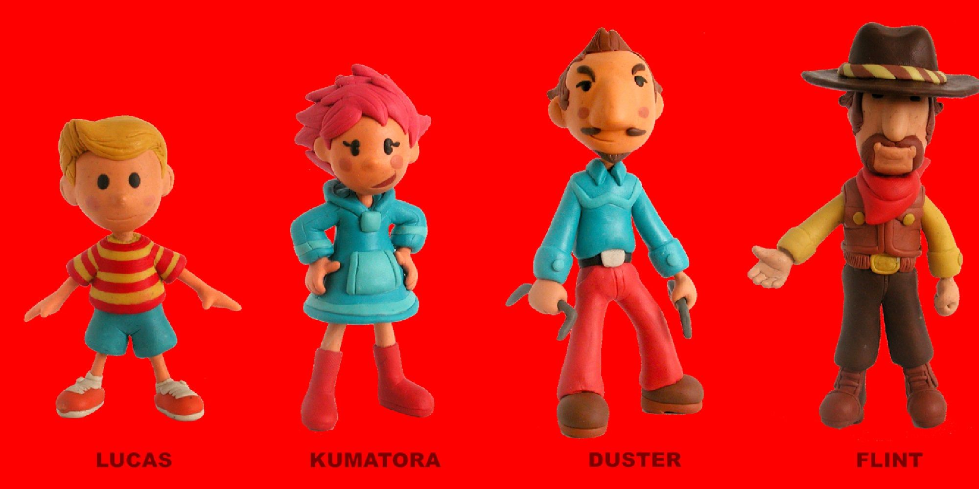 Clay figures of Lucas, Kumatora, Dusty, and Flint from Mother 3