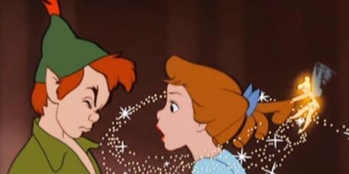 Wendy tries to kiss Peter Pan but Tinker Bell pulls her hair in Peter Pan.