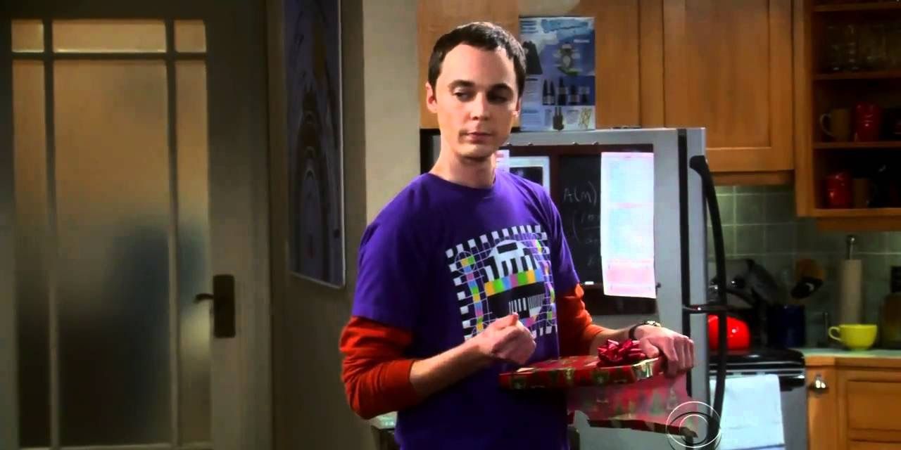 Sheldon talking to Penny on Christmas about to open his Leonard Nimoy gift