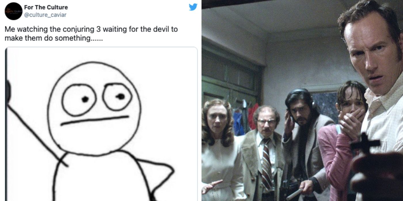 Split image depicting a Twitter meme about The Conjuring 3 and a scene from the movie where the family faces a spirit