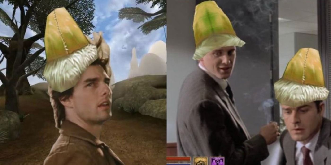Two side by side images from Morrowind YouTube memes with Tom Cruise and cast of It's Always Sunny