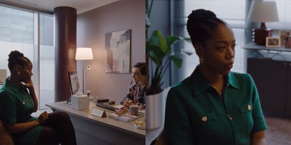 2 images with Alicia's green playsuit in Master of None