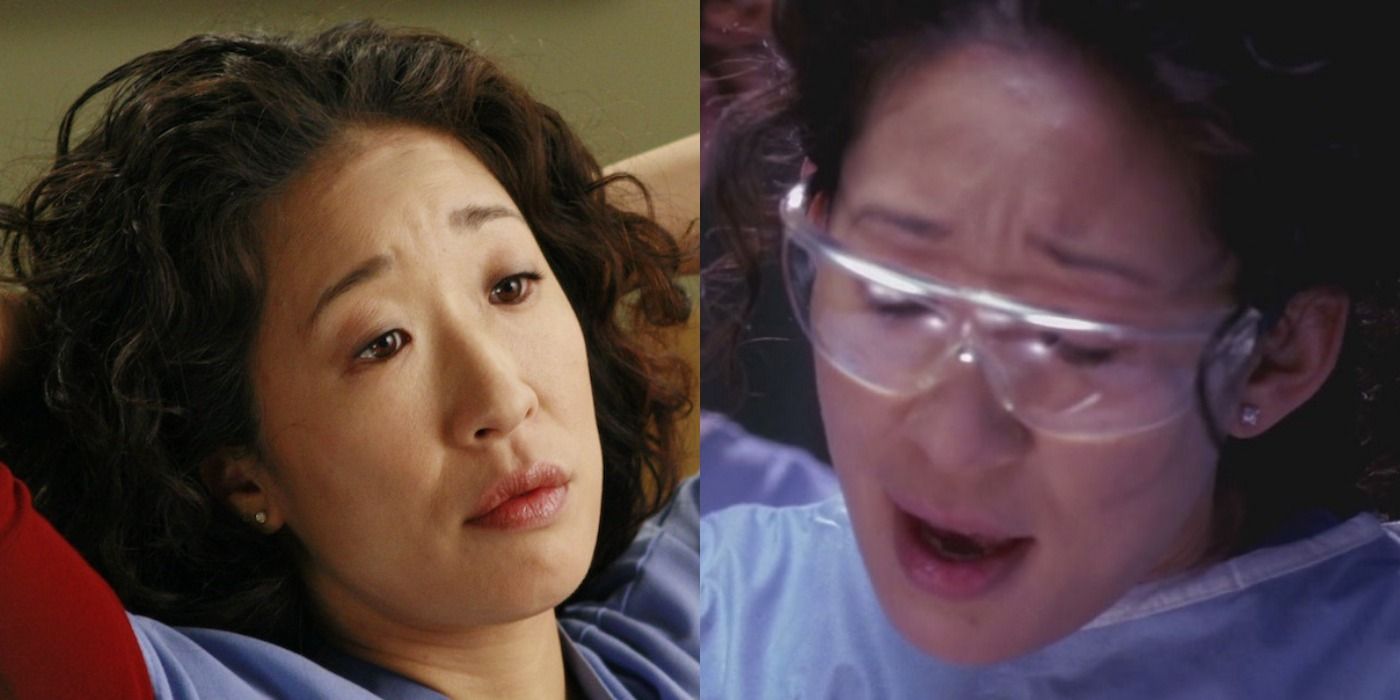 Split image of Cristina Yang looking relaxed and in surgery