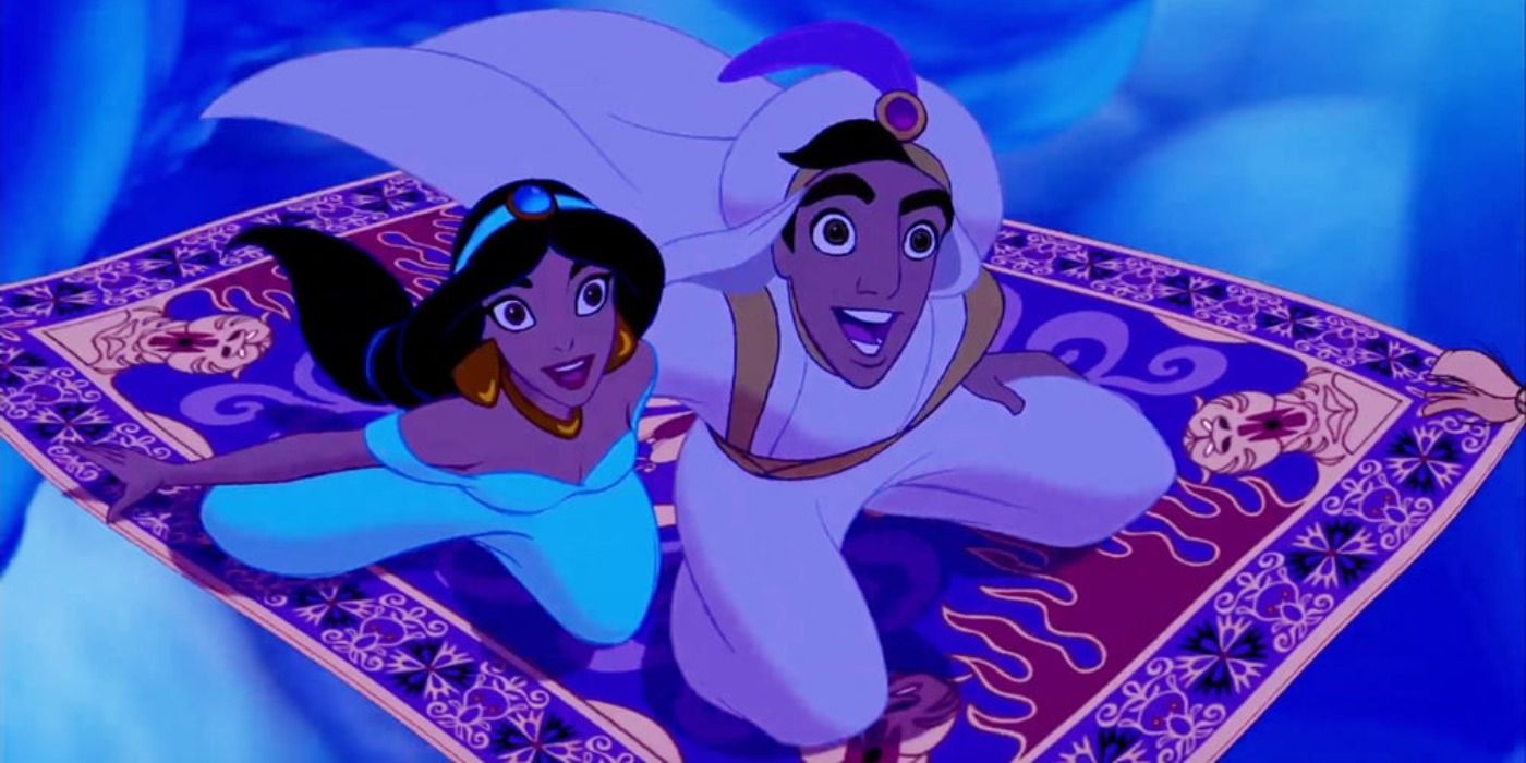 Jasmine and Aladdin looking up while flying on a magic carpet in Aladdin