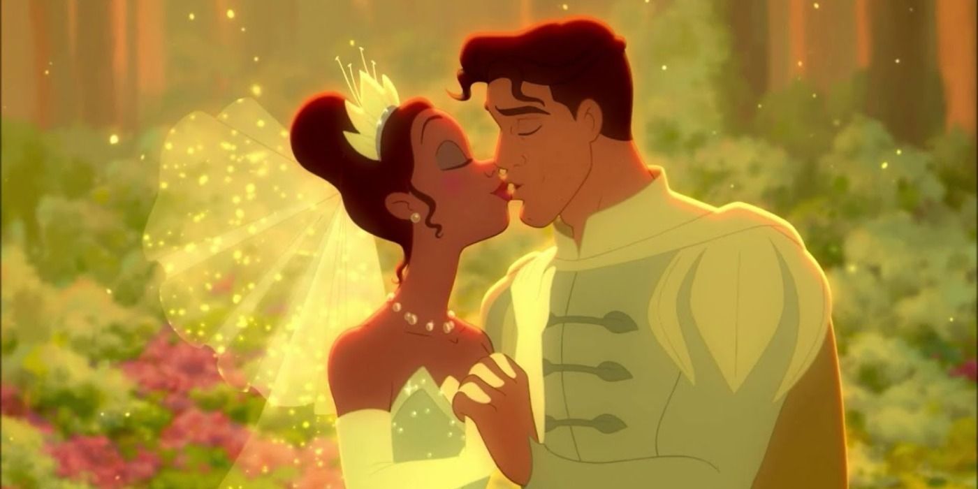 Tiana and Naveen kissing in the Princess and the Frog
