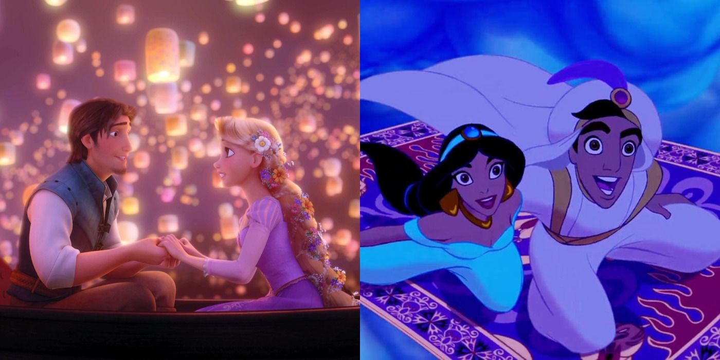 Flynn and Rapunzel on left, Jasmine and Aladdin on right, Disney princess split image