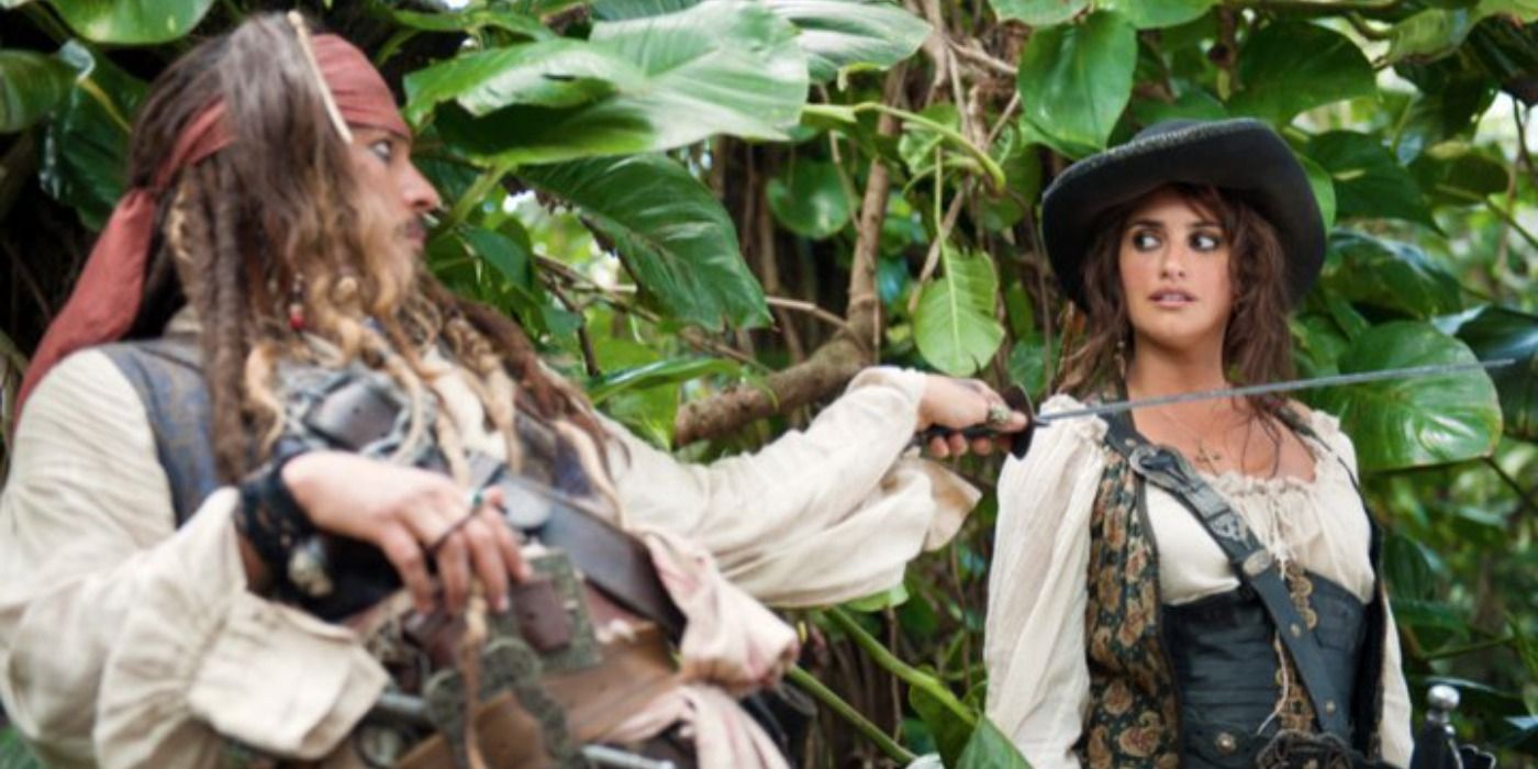 Jack holding a sword to Angelica in On Stranger Tides