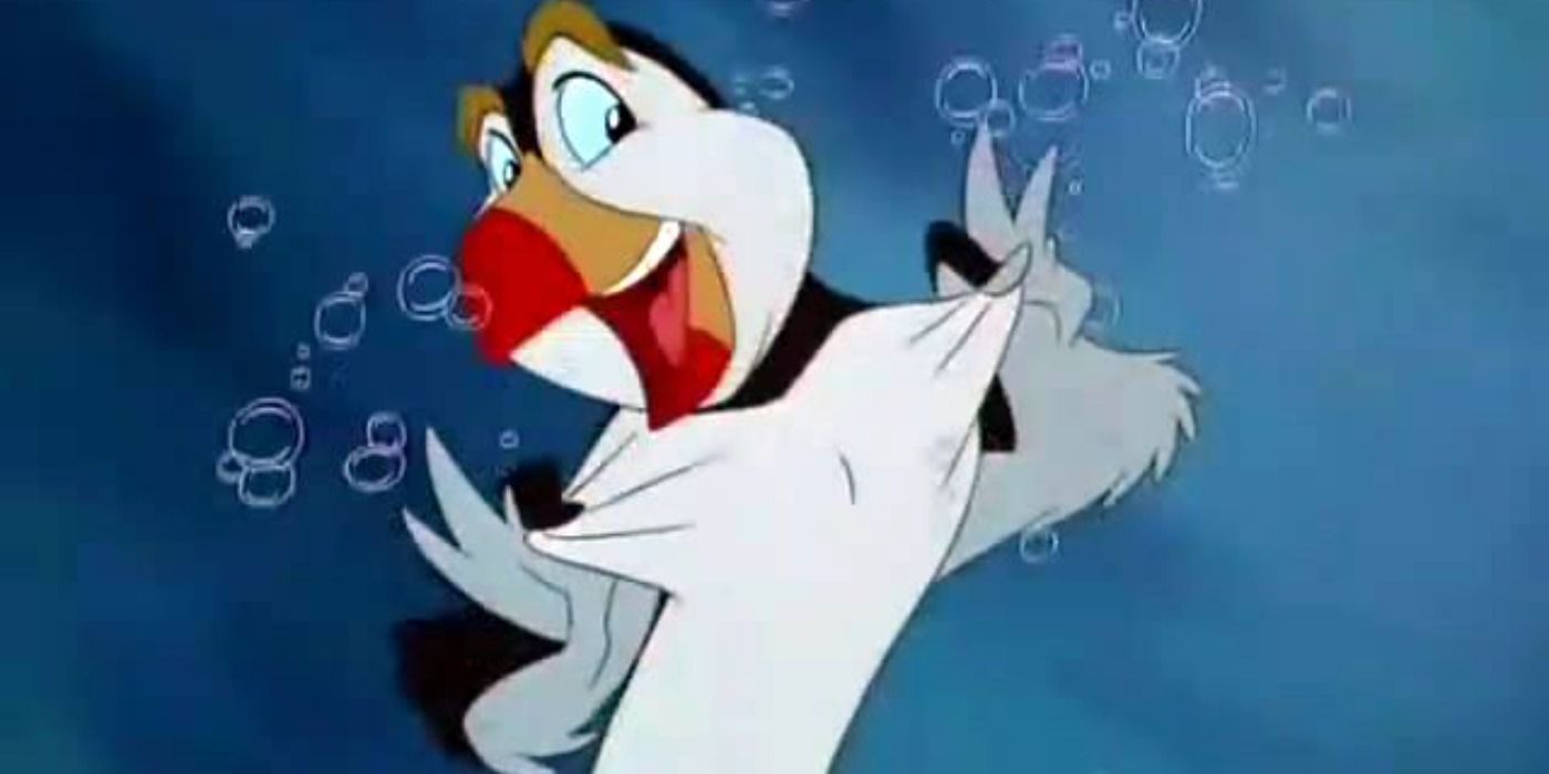 Puffin smiling underwater in The Swan Princess