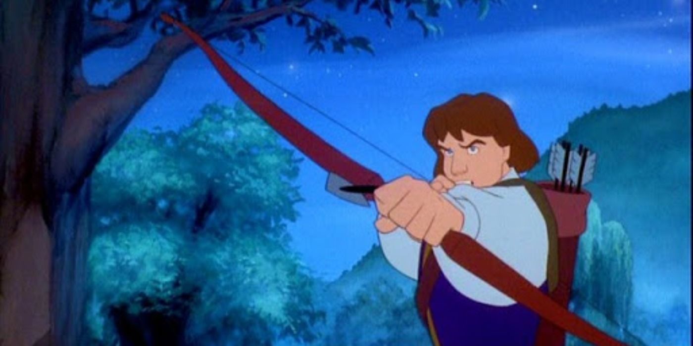 Derek aiming his bow and arrow in The Swan Princess