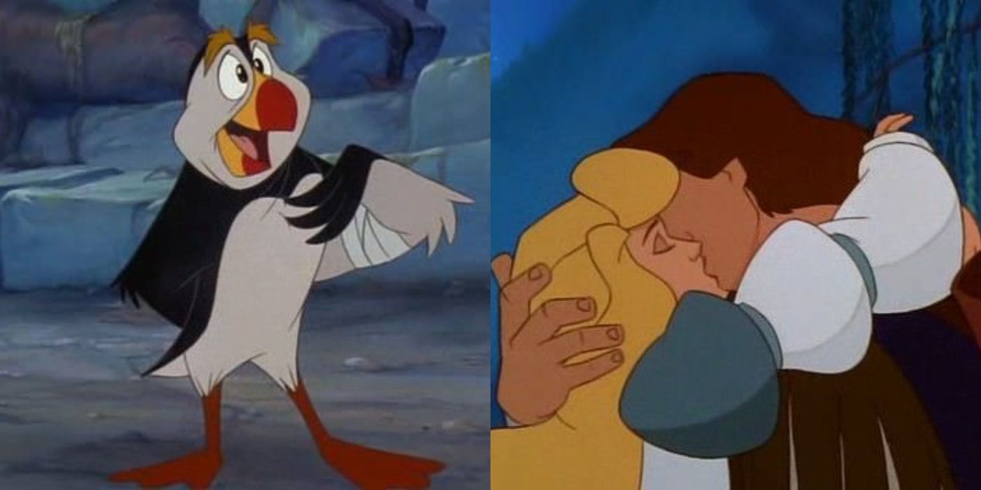 Split image of the seagull in Swan Princess talking and Odette and the prince kissing