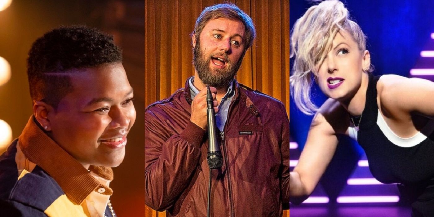 A side-by-side image of Sam Jay smiling, comedian Rory Scovel and Iliza Schlesinger with an upturned ponytail