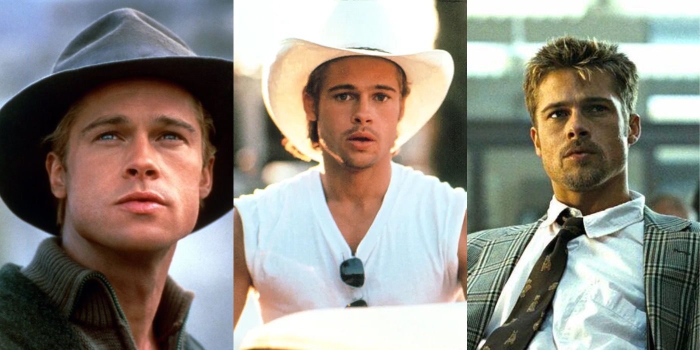 Brad Pitt roles in Seven Years in Tibet wearing a black hat Thema and Louise wearing a white shirt and cowboy hat and Seven sitting down in detective suit