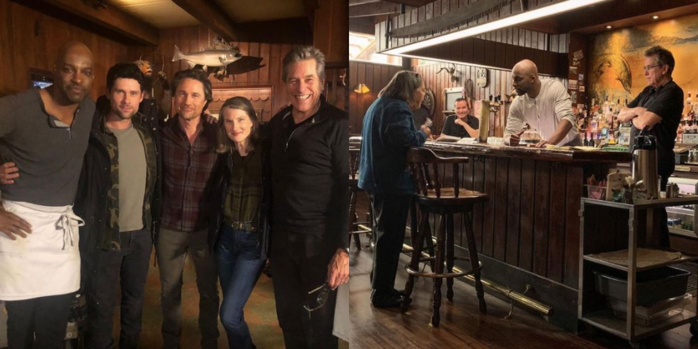 The cast and crew of Virgin River take a group photo on set; Set photo of the bar in Virgin River