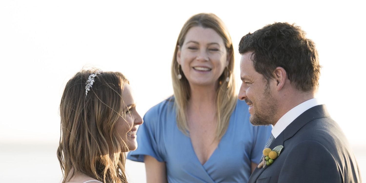 Meredith officiating Alex and Jo's wedding