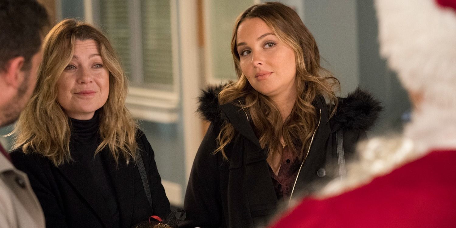 Meredith and Jo looking at a person dressed as Santa in Grey&rsquo;s Anatomy