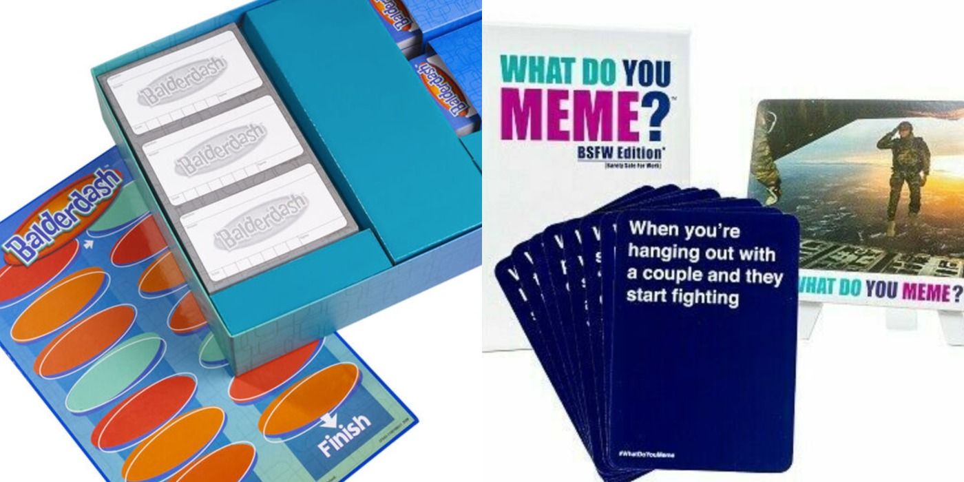 Two side by side images with Balderdash board and box and What Do You Meme? cards