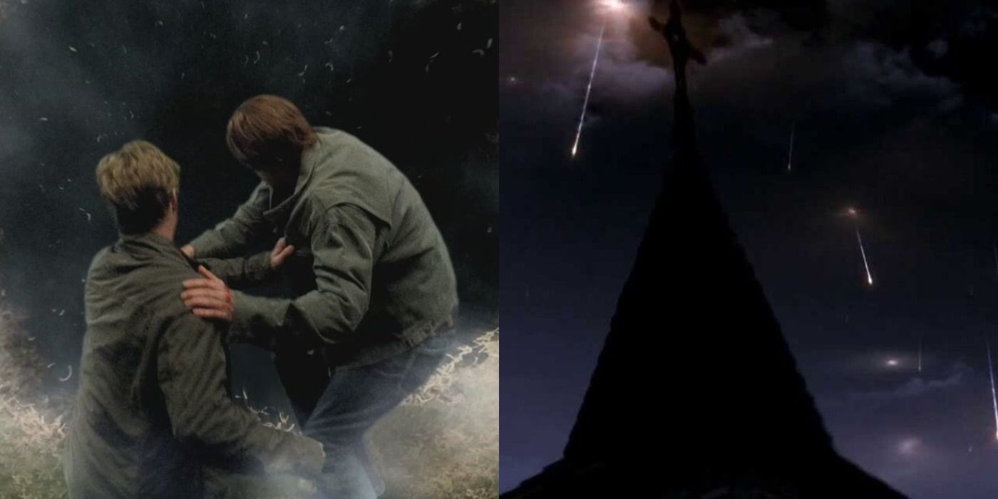 Dean and Sam falling into the abyss; A cross in the nightime