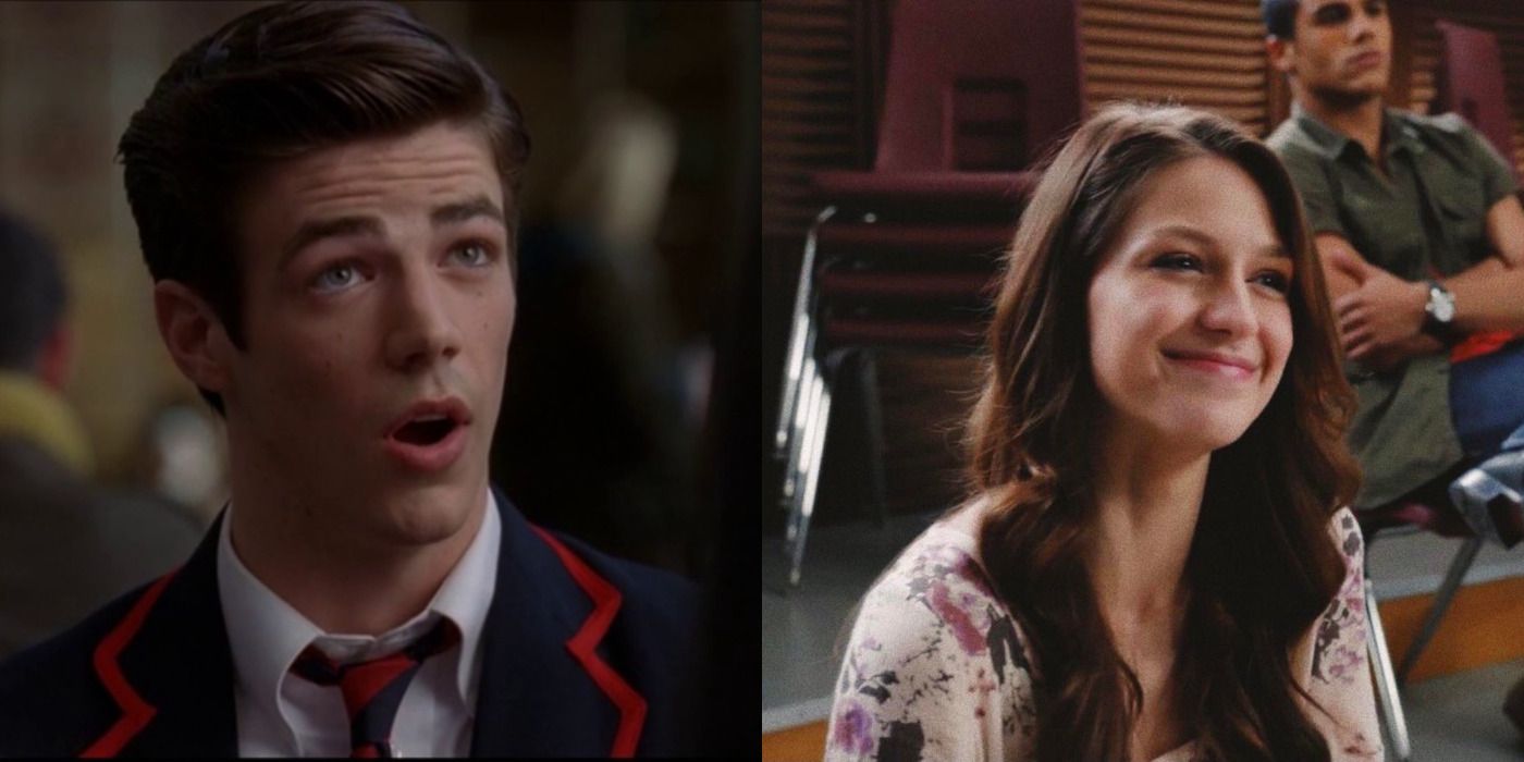 A split image of Grant Gustin and Melissa Benoist in Glee