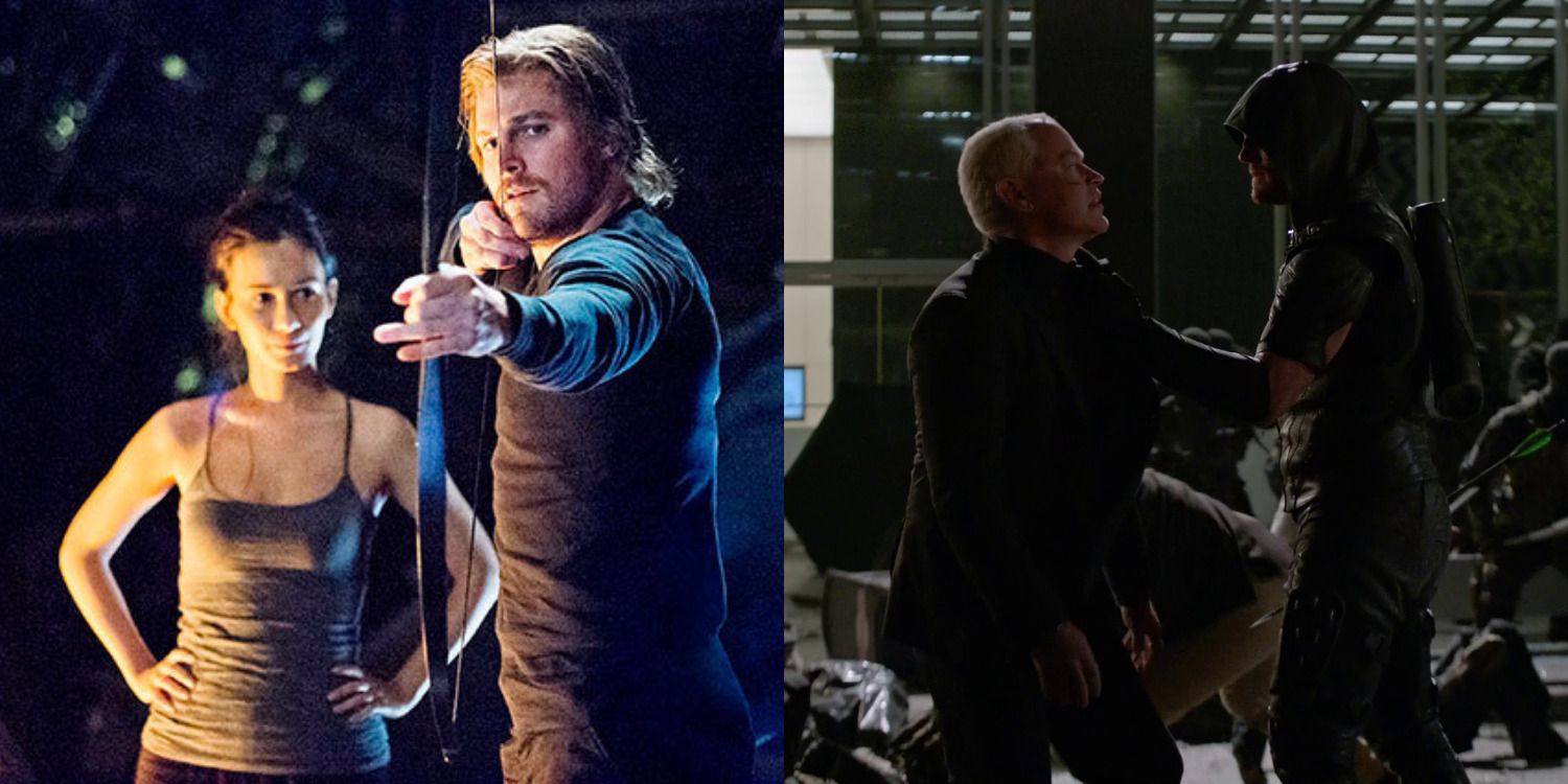 Oliver practicing with his bow on the Island and Oliver and Damien Darhk squaring off in Arrow