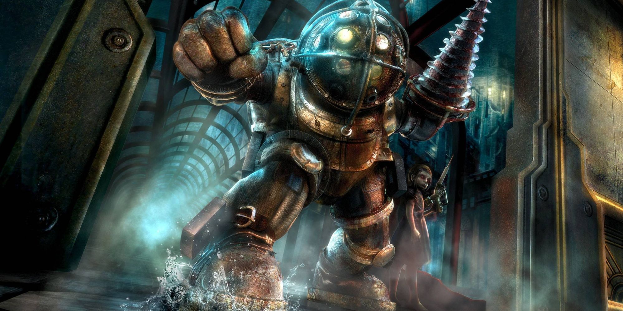 A poster for Bioshock featuring the iconic Bouncer-type Big Daddy alongside a Little Sister.