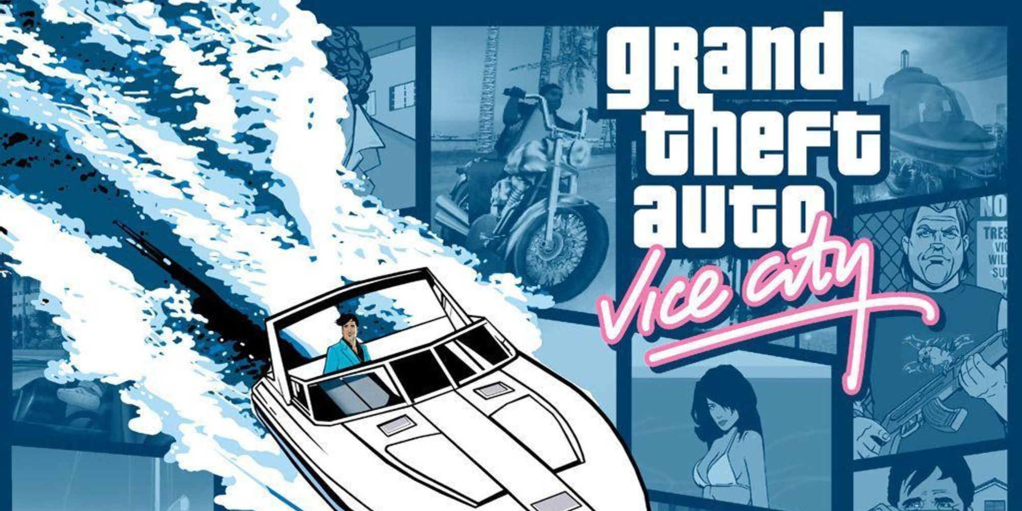 poster for Grand Theft Auto Vice City featuring a man on a speedboat and images in the background