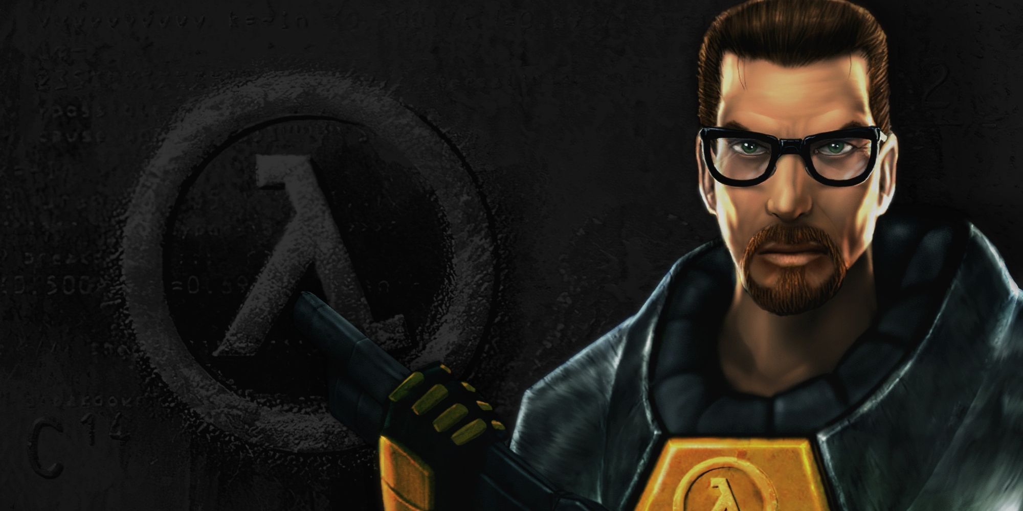 poster for Half-Life one featuring the main character Gordon Freeman with a gun and the iconic logo