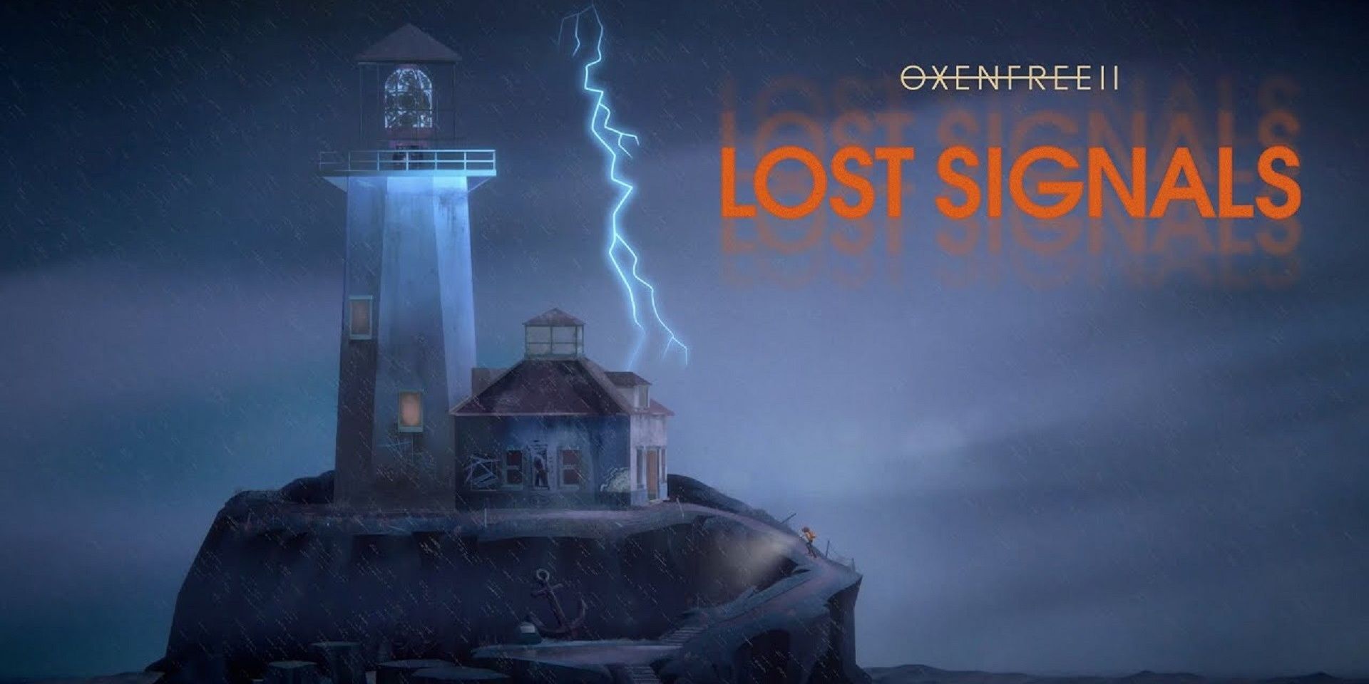 O pôster de Oxenfree 2 Lost Signals com um farol em uma ilha com relâmpagos no céu.