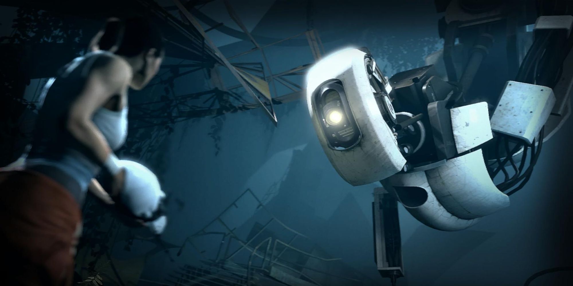 poster for Portal featuring the main characters GLaDOS and Chell