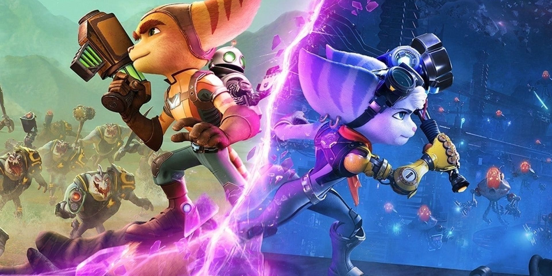 poster for Ratchet &amp; Clank Rift Apart featuring Ratchet and Rivet fighting enemies