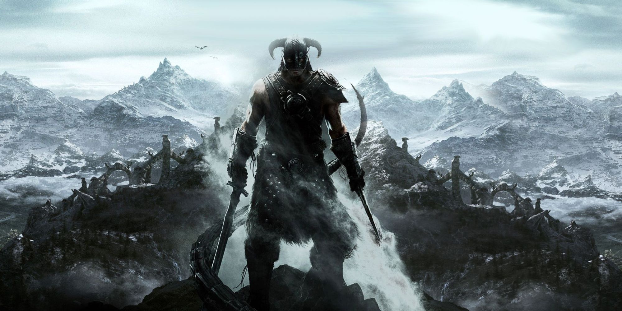 poster for The Elder Scrolls V Skyrim featuring the Dragonborn with mountains in the background