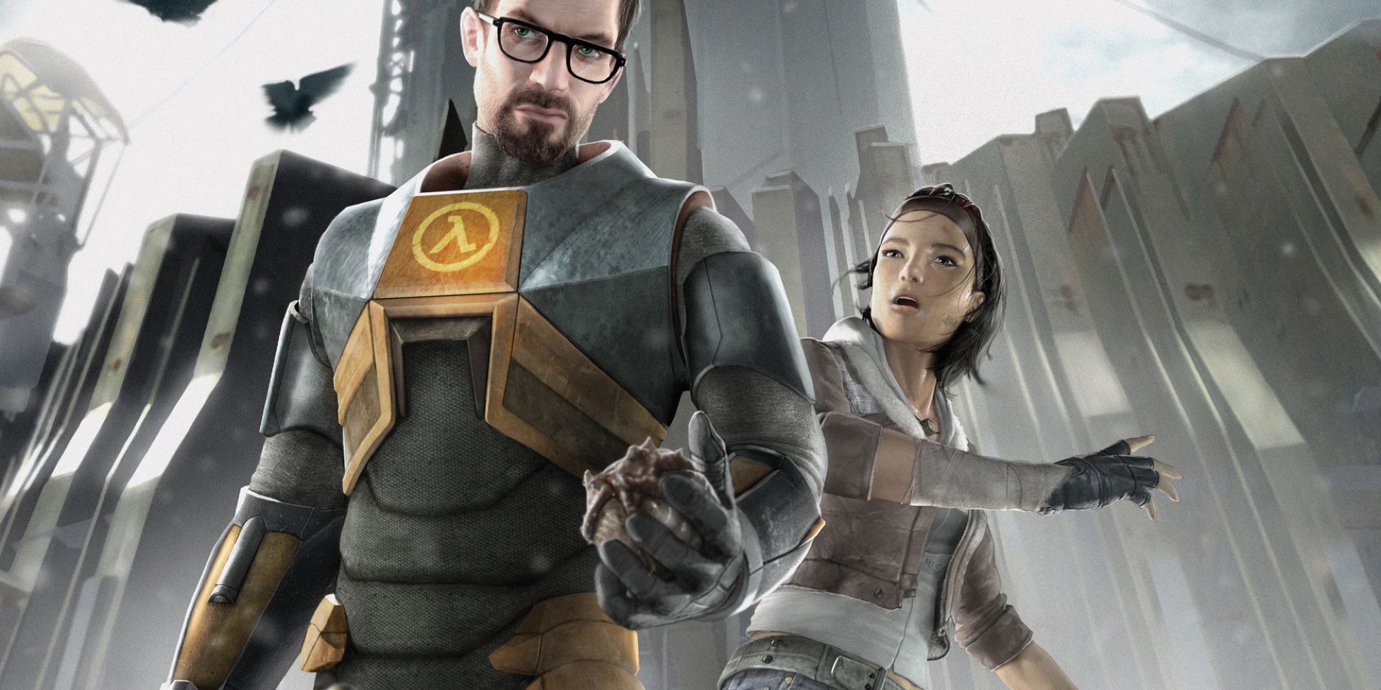poster for the game Half Life 2 featuring the main characters Gordon Freeman and Alyx Vance