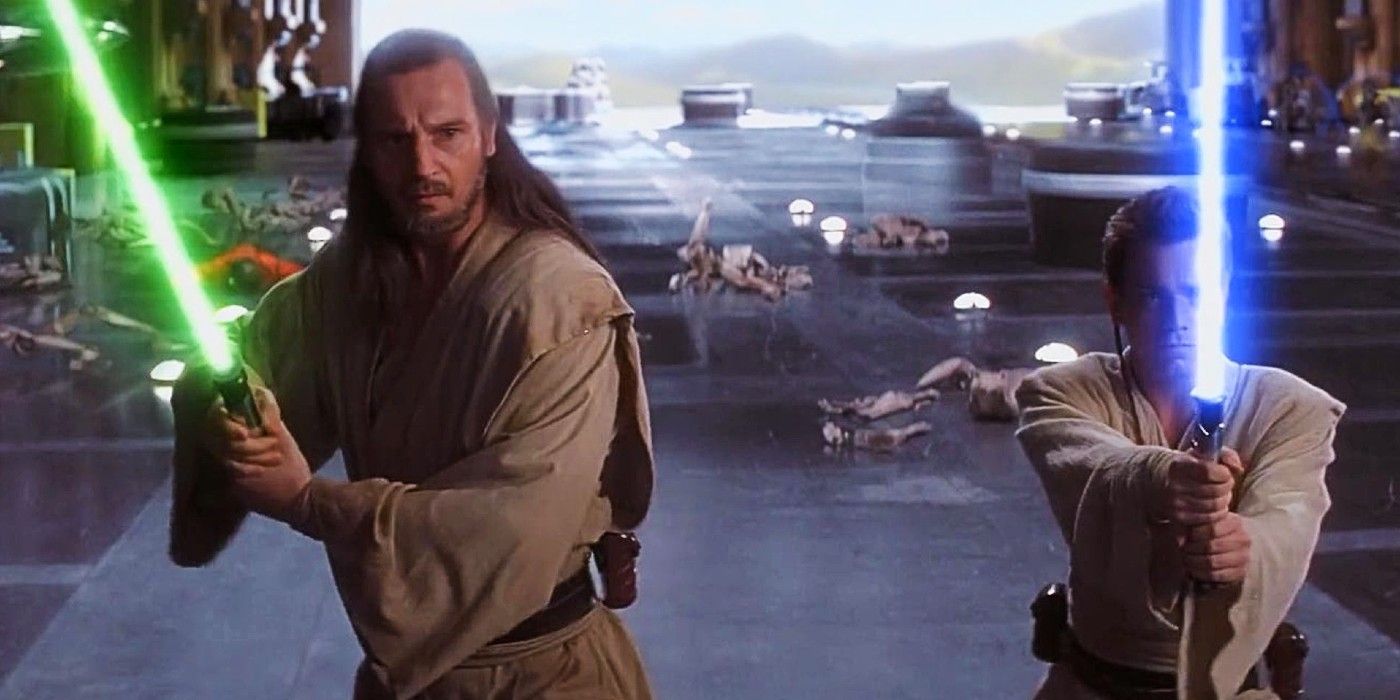 Qui-Gon and Obi-Wan ignite their lightsabers in The Phantom Menace