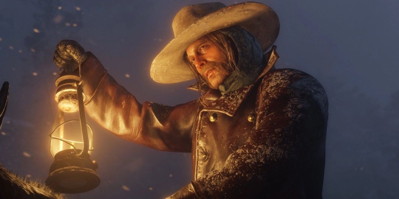 Micah Bell holding a lantern in Red Dead Redemption 2.
