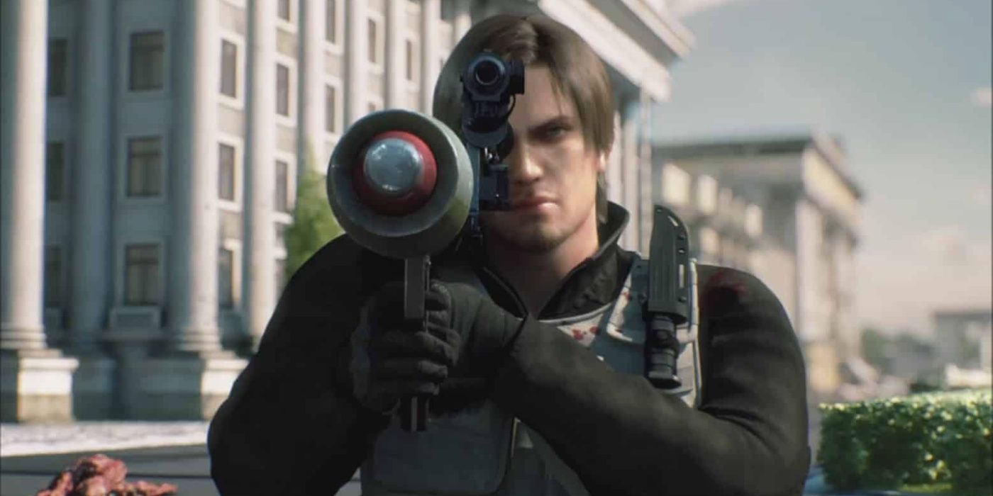 Leon prepares to shoot in Resident Evil: Damnation