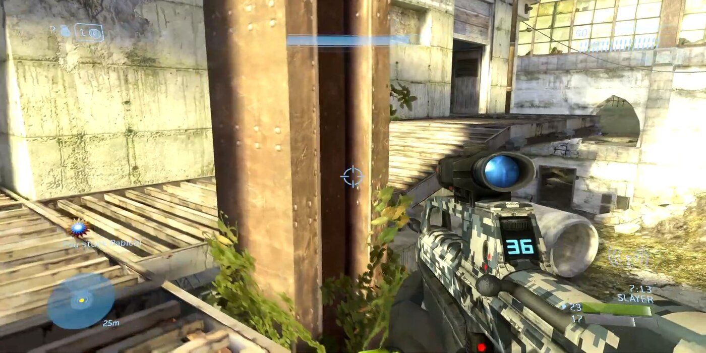 A player in Halo 3 using a Battle Rifle on Ghost Town