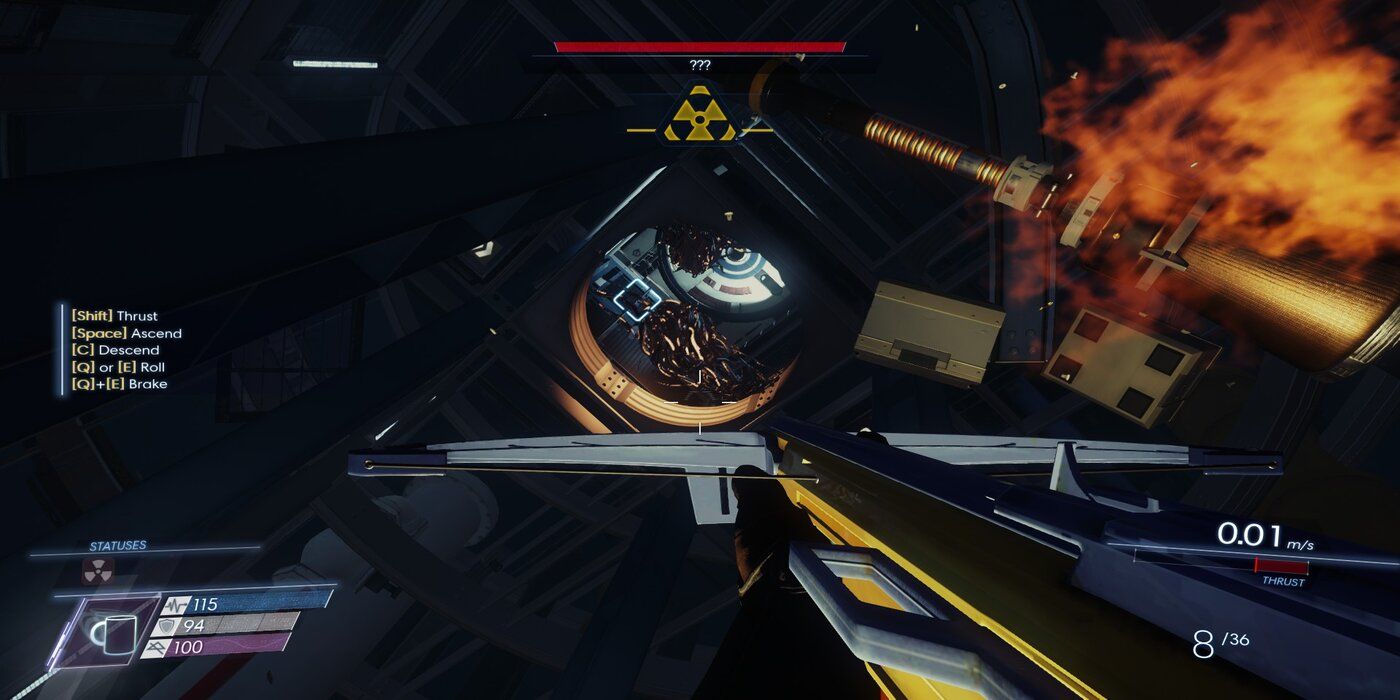 Preparing to fire the Huntress Boltcaster at Cystoids in Prey