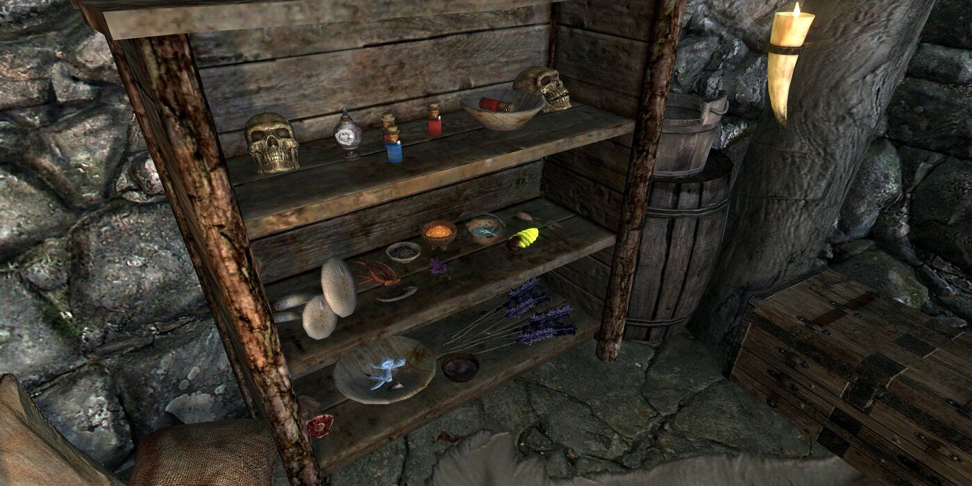 A shelf full of ingredients in Skyrim