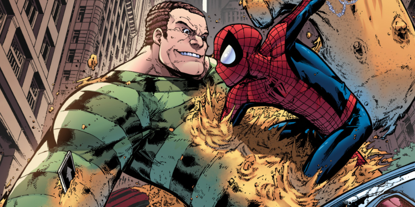 Spider-Man punching Sandman's chest in a fight.